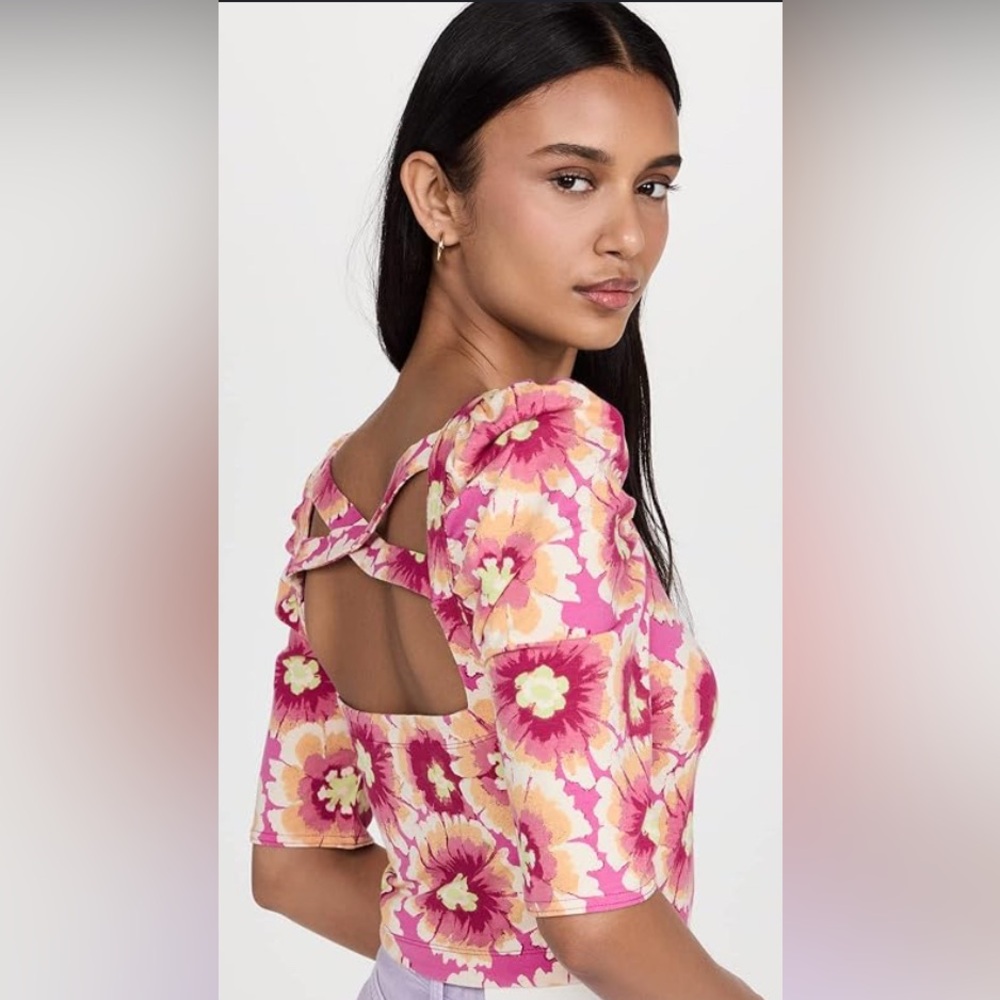 Free People Give Me More Pink Floral Half Sleeve Crop Top, Medium